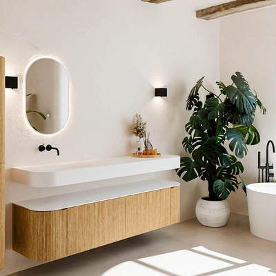 MONDIAZ THOR 180cm meuble de salle de bains arrondi gauche + droite couleur Oak avec 2 tiroirs et 2 portes. Vasque suspendue CLOUD Gauche sans trou de robinet couleur Talc.