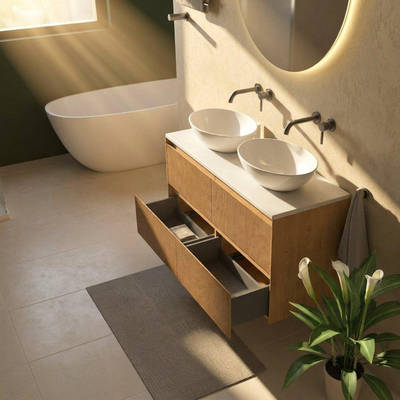Saniclass Holz Atelier Ensemble de meubles de salle de bains - 120x45x62.5cm - Plan de toilette Torino en solid surface blanc - sans trou de robinetterie - 2 tiroirs - chêne natural mat (bois)