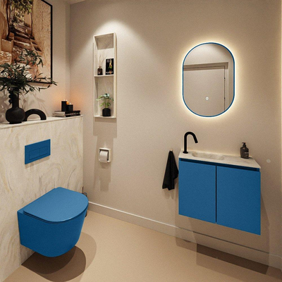 MONDIAZ TURE-DLUX Meuble toilette - 60cm - Jeans - EDEN - vasque Ostra - position gauche - 1 trou de robinet