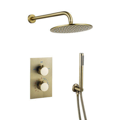 FugaFlow Eccelente Sobrado Badkamer inbouw regendoucheset Thermostatisch Wandarm met 25cm hoofddouche staaf handdouche geborsteld messing PVD