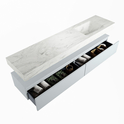 Mondiaz ALAN-DLUX Ensemble de meuble - 200cm - meuble Clay mat - 2 tiroirs - Lavabo Cloud Opalo suspendu - vasque Droite - 1 trou de robinet
