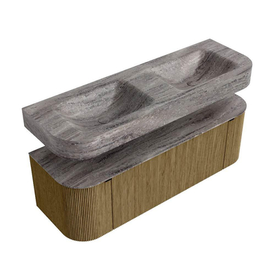 MONDIAZ THOR-DLUX 140cm meuble de salle de bains arrondi gauche + droite couleur Dusk avec 1 tiroir et 2 portes. Vasque suspendue CLOUD Double 2 trous de robinet couleur Oza.