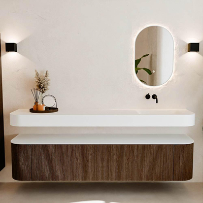 MONDIAZ THOR 200cm meuble de salle de bains arrondi gauche + droite couleur Walnut avec 2 tiroirs et 2 portes. Vasque suspendue CLOUD Droite sans trou de robinet couleur Talc.