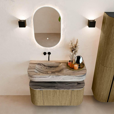 MONDIAZ THOR-DLUX 100cm meuble de salle de bains arrondi gauche + droite couleur Dusk avec 1 tiroir et 2 portes. Vasque suspendue CLOUD Gauche sans trou de robinet couleur Sombra.