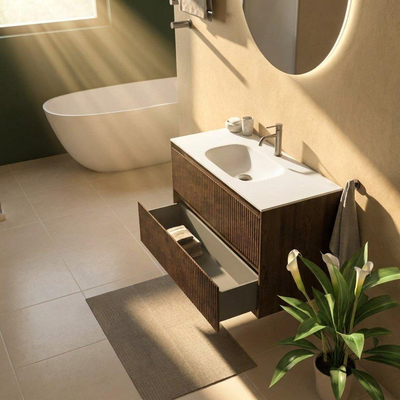 Saniclass Holz Atelier Ensemble meuble de salle de bains - 100x45x61.5cm - Flow vasque en solid surface blanc - 1 vasque - 1 trou de robinet - 2 tiroirs - chêne charcoal mat (bois)