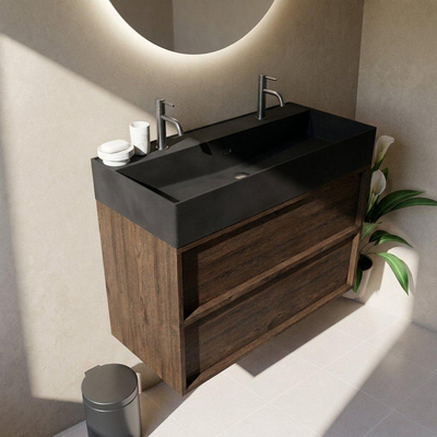 Saniclass Holz Frame Ensemble de meuble de salle de bains - 100x45x72cm - Legend lavabo en céramique noir mat - 1 vasque - 2 trous de robinetterie - 2 tiroirs - chêne charcoal mat (bois)