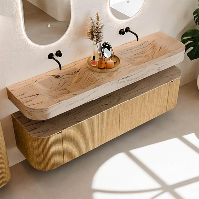 MONDIAZ THOR-DLUX 180cm badmeubel ronding links + rechts kleur Oak met 2 lades en 2 deuren. Vrijhangende wastafel CLOUD Dubbel zonder kraangat kleur Arena.