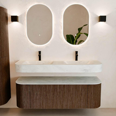 MONDIAZ THOR-DLUX 140cm meuble de salle de bains arrondi gauche + droite couleur Walnut avec 1 tiroir et 2 portes. Vasque suspendue CLOUD Double 2 trous de robinet couleur Opalo.