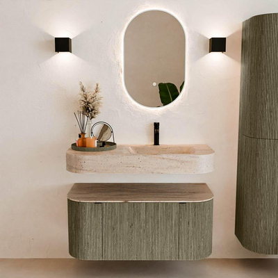 MONDIAZ THOR-DLUX 100cm meuble de salle de bains arrondi gauche + droite couleur Shadow avec 1 tiroir et 2 portes. Vasque suspendue CLOUD Droite 1 trou de robinet couleur Saba.