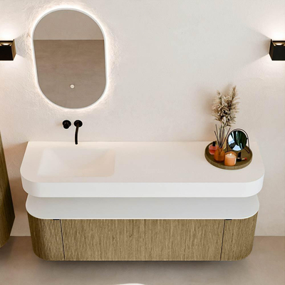 MONDIAZ THOR 160cm meuble de salle de bains arrondi gauche + droite couleur Dusk avec 1 tiroir et 2 portes. Vasque suspendue CLOUD gauche sans trou de robinet couleur Talc.