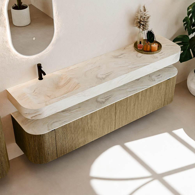 MONDIAZ THOR-DLUX 200cm meuble de salle de bains arrondi gauche + droite couleur Dusk avec 2 tiroirs et 2 portes. Vasque suspendue CLOUD Gauche 1 trou de robinet couleur Ostra.