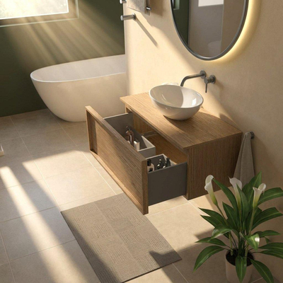 Saniclass Holz Frame Ensemble meuble de salle de bains - 100x45x42cm - plan de travail en bois - sans trou de robinet - 1 tiroir - chêne naturel mat (bois)