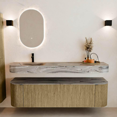 MONDIAZ THOR-DLUX Meuble de salle de bains 170cm arrondi gauche + droite couleur Dusk avec 1 tiroir et 2 portes. Vasque suspendue CLOUD Gauche 1 trou de robinet couleur Sombra.