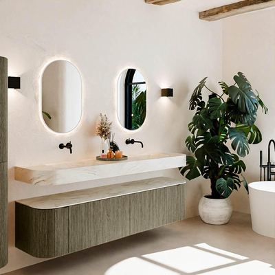 MONDIAZ THOR-DLUX 190cm meuble de salle de bains arrondi gauche + droite couleur Shadow avec 2 tiroirs et 2 portes. Vasque suspendue CLOUD Double sans trou de robinet couleur Ostra.