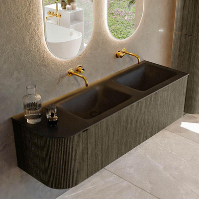Mondiaz KURVE Ensemble de meuble de salle de bains - 145x46x40cm - 1 tiroir - 1 porte - vasque solid surface - double / droite - sans trou de robinet - Shadow