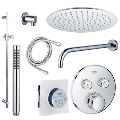 Grohe - Adema Rise Ensemble de douche pluie encastré - 2 fonctions - avec pomme de douche Adema Rise 20cm - douchette à main sur barre - bras mural - barre coulissante 90 cm - Grohe Grohtherm mitigeur thermostatique encastré - chrome
