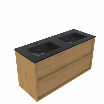 Saniclass Holz Frame Ensemble de meubles de salle de bains - 120x45x62cm - Vygo lavabo en céramique noir - 2 vasques - 2 trous de robinetterie - 2 tiroirs - chêne natural mat (bois)