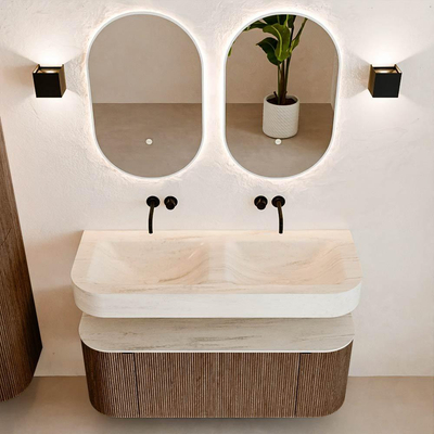 MONDIAZ THOR-DLUX 120cm badmeubel ronding links + rechts kleur Walnut met 1 lade en 2 deuren. Vrijhangende wastafel CLOUD Dubbel zonder kraangat kleur Meli.