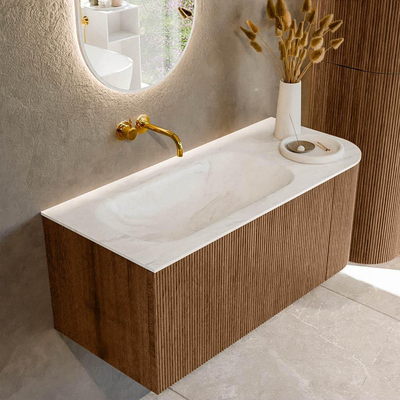 MONDIAZ KURVE-DLUX 105cm Meuble salle de bain avec module 25 D - couleur Walnut - 1 tiroir - 1 porte - vasque BIG SMALL gauche - sans trou de robinet - couleur Ostra