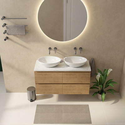 Saniclass Holz Pure Ensemble de meubles de salle de bains - 120x45x63cm - Plan vasque en marbre Dia poli (blanc) - sans trou de robinetterie - 4 tiroirs - chêne natural mat (bois)