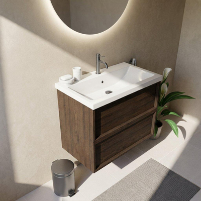 Saniclass Holz Frame Ensemble de meuble de salle de bains - 80x45x63.5cm - Lavabo en céramique Bari blanc - 1 vasque - 1 trou de robinet - 2 tiroirs - chêne charcoal mat (bois)