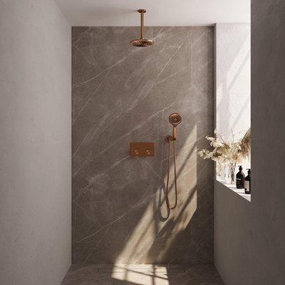 Brauer Copper Carving Douche pluie encastrable - thermostatique - boutons poussoirs - SET 59 - pommeau 20cm - bras plafond - douchette 3 jets - flexible - coude mural - Cuivre brossé PVD