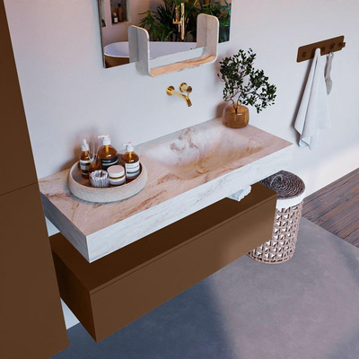 Mondiaz ALAN-DLUX Ensemble de meuble - 110cm - meuble Rust mat - 1 tiroir - Lavabo Cloud Frappe suspendu - vasque Droite - 0 trous de robinet