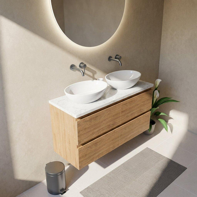 Saniclass Holz Pure Ensemble de meubles de salle de bains - 120x45x63cm - Plan vasque en marbre Dia poli (blanc) - sans trou de robinetterie - 4 tiroirs - chêne natural mat (bois)