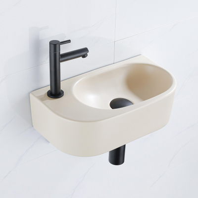 QeramiQ Fuente fonteinset – halfrond – 40x21.5x12 cm – keramiek beige – kraangat links – mat zwarte kraan