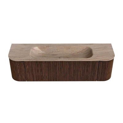 MONDIAZ KURVE-DLUX 160cm badmeubel ronding Links + Rechts kleur Walnut met 1 lade en 2 deuren. Wastafel BIG MEDIUM Midden 1 kraangat Saba.
