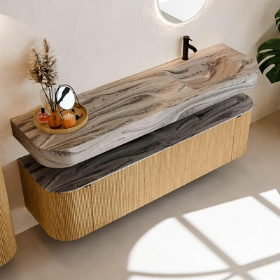 MONDIAZ THOR-DLUX 170cm badmeubel ronding links + rechts kleur Oak met 1 lade en 2 deuren. Vrijhangende wastafel CLOUD Rechts 1 kraangat kleur Sombra.