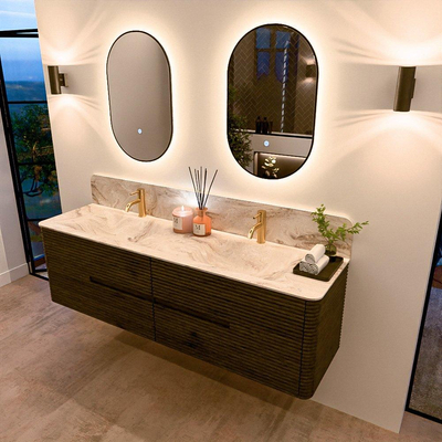 Mondiaz CIRO-DLUX Badkamermeubelset - 170x45x50cm - Solid surface wastafel Frappe - 2 wasbak Dubbel - 2 kraangaten - 4 lades - Shadow