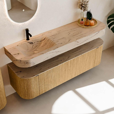 MONDIAZ THOR-DLUX 160cm badmeubel ronding links + rechts kleur Oak met 1 lade en 2 deuren. Vrijhangende wastafel CLOUD Links 1 kraangat kleur Arena.