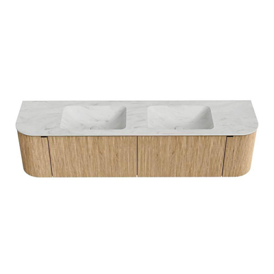MONDIAZ KURVE-DLUX 180cm badmeubel met module 25 Len R kleur Oak met 2 lades en 2 deuren. Wastafel LEAF dubbel 2 kraangaten kleur Opalo.