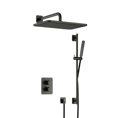 Hotbath Gal IBS40A Ensemble de douche - encastré - pomme de douche rectangulaire 27 cm - bras mural 35 cm - douchette barre - avec barre de douche - gunmetal brossé PVD