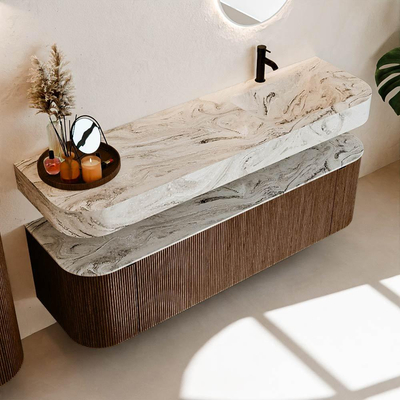 MONDIAZ THOR-DLUX 160cm meuble de salle de bains arrondi gauche + droite couleur Walnut avec 1 tiroir et 2 portes. Vasque suspendue CLOUD Droite 1 trou de robinet couleur Glace.