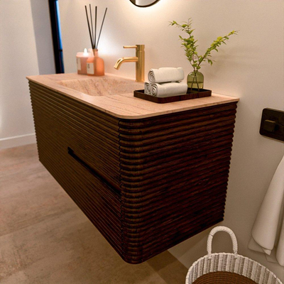 Mondiaz CIRO-DLUX Meuble de salle de bains - 110x45x50cm - Plan-vasque Solid Surface Saba - 1 lavabo au milieu - 1 trou de robinetterie - 2 tiroirs - Noyer