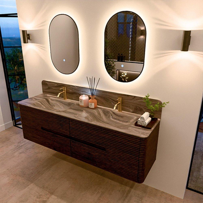 Mondiaz CIRO-DLUX Ensemble de meubles de salle de bains - 170x45x50cm - vasque solid surface Sombra - 2 vasques double - 2 trous de robinet - 4 tiroirs - Noyer