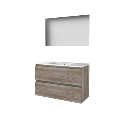 Basic-Line Ultimate 46 ensemble de meubles de salle de bain 100x46cm sans poignée 2 tiroirs lavabo en porcelaine 1 trou de robinetterie miroir éclairage mfc scotch oak