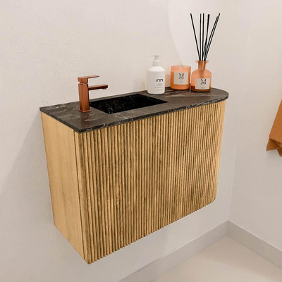 Mondiaz JOYA-DLUX 61.6cm toiletmeubel - ronding rechts kleur Oak - Wastafel FAYE positie Links 1 kraangat kleur Lava.