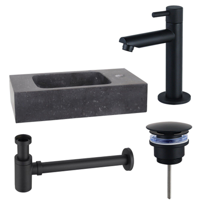 FortiFura Fuente Pack Lave-mains - 40x22x9cm - 1 trou de robinet - pierre naturelle - robinet Noir mat - Noir