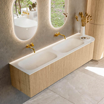 MONDIAZ KURVE 175cm meuble de salle de bains avec module 25 R couleur Oak avec 2 tiroirs et 1 porte. Lavabo BIG SMALL double / gauche sans trou de robinet Talc.