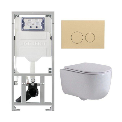 QeramiQ Dely Swirl Ensemble WC - 36.3x51.7cm - réservoir encastré Geberit UP320 - avec cadre Burda - abattant slim - plaque de commande beige - boutons ronds - blanc brillant