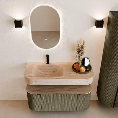 MONDIAZ THOR-DLUX Meuble de salle de bains 110cm arrondi gauche + droite couleur Shadow avec 1 tiroir et 2 portes. Vasque suspendue CLOUD Gauche 1 trou de robinet couleur Saba.