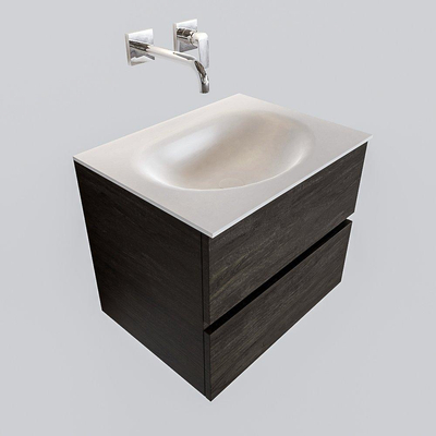 MONDIAZ VICA Ensemble de meuble salle de bain - 60cm - 2 tiroirs - lavabo Moon central - 0 trous de robinet - solid surface marron foncé