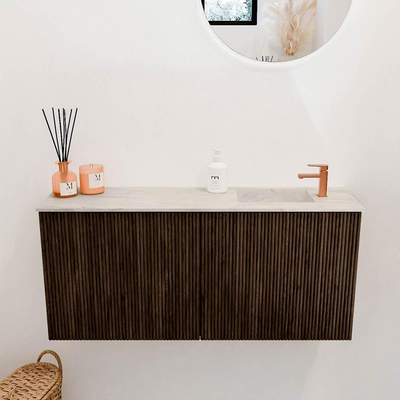 Mondiaz JOYA-DLUX 90cm toiletmeubel - kleur Walnut - Wastafel FAYE positie Rechts 1 kraangat kleur Ostra.