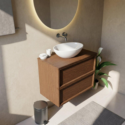 Saniclass Holz Frame Ensemble meuble de salle de bains - 80x45x62cm - plan de toilette en bois - sans trou de robinetterie - 2 tiroirs - walnut pure mat (bois)