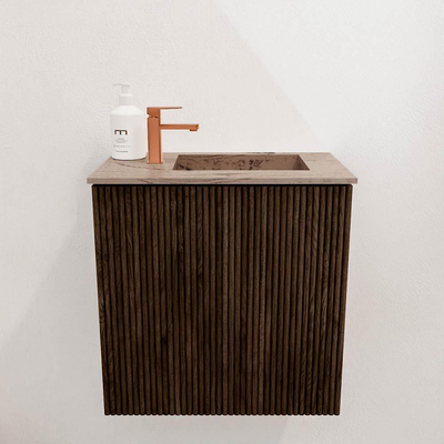 Mondiaz JOYA-DLUX 40cm toiletmeubel - kleur Walnut - Wastafel FAYE positie Rechts 1 kraangat kleur Arena.