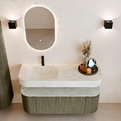 MONDIAZ THOR-DLUX 130cm meuble de salle de bains arrondi gauche + droite couleur Shadow avec 1 tiroir et 2 portes. Vasque suspendue CLOUD Gauche 1 trou de robinet couleur Opalo.