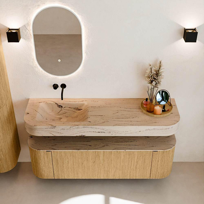 MONDIAZ THOR-DLUX 150cm badmeubel ronding links + rechts kleur Oak met 1 lade en 2 deuren. Vrijhangende wastafel CLOUD Links zonder kraangat kleur Arena.